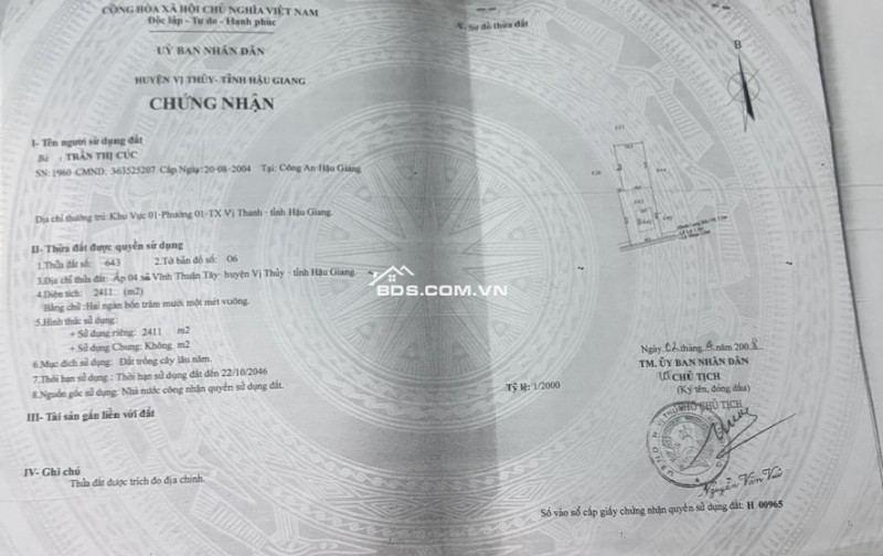 Bán đất nền 2711 m2 có 300 m2 thổ cư tại: ấp 4, xã Vĩnh Thuận Tây, huyện Vị Thủy, Hậu Giang (nay là Cần Thơ)